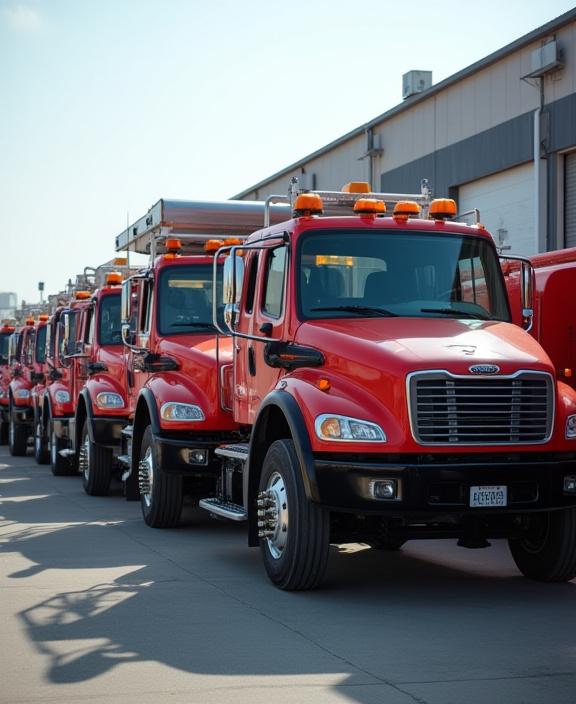 A lineup of uniform work trucks ready for fleet service.