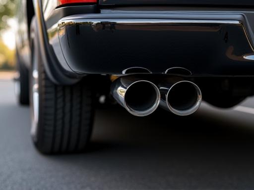 Polished dual exhaust tips on the back of a performance-upgraded truck.