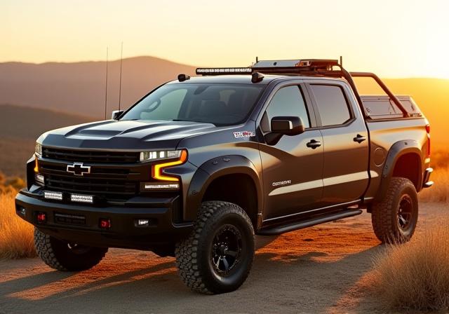 Modified Chevy Silverado with a steel aftermarket bumper and a hard tri-fold bed cover.